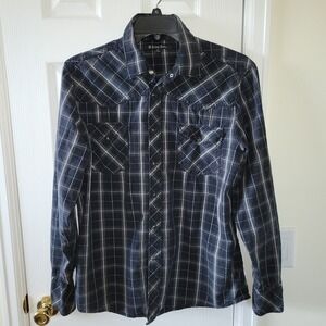 Carbon Black Western Shirt Size Large Black White Plaid Pearl Snap Long Sleeve